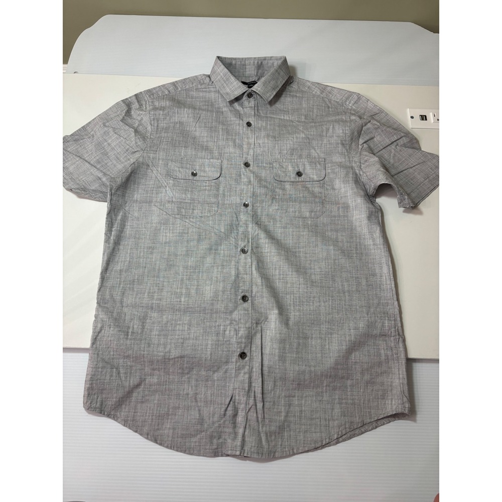 Alfani Mens Gray Short Sleeve Button Down Shirt Cotton Slub Utility Pockets M